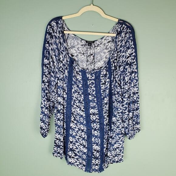 Lucky Brand Printed Knit and Lace Blue Top Size Large - Picture 1 of 8
